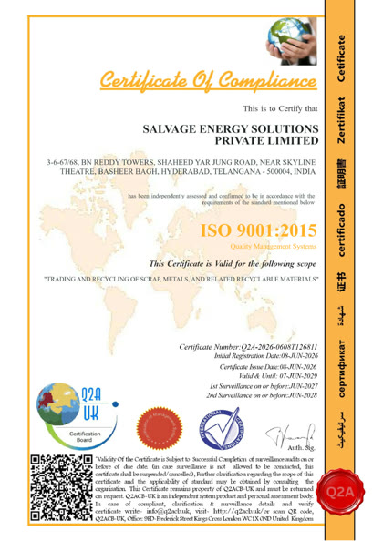 SALVAGE Energy Solutions ISO 9001:2015 certificate of compliance